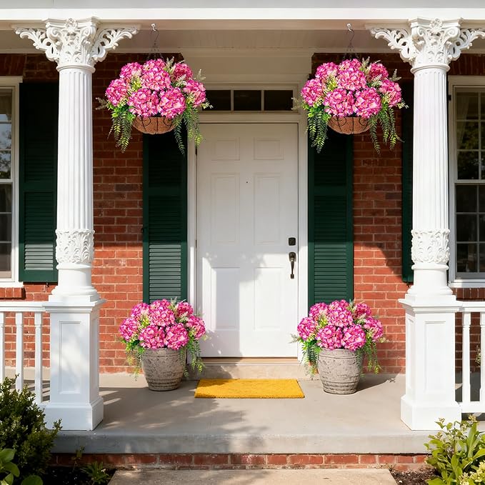 Ammyoo Artificial Hydrangea Flowers with Hanging Basket Planter for Spring Decoration, Fake Silk Flowers Outdoor Arrangements, Faux Hanging Plants for Garden Balcony Outside Decor (Fuchsia)