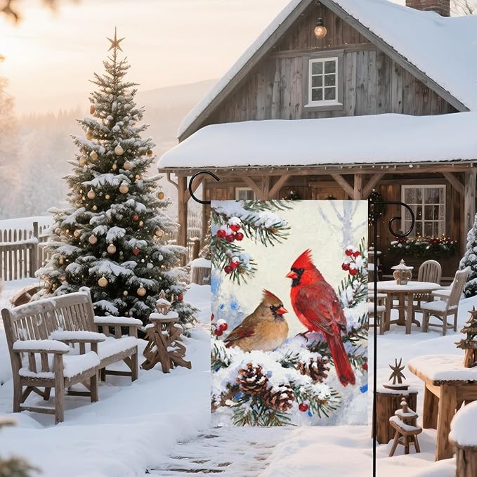 Winter Cardinal Garden Flag 12x18 Inch Pinecone Holly Christmas Snow Scene Holiday Decorative Yard Flags for Outside Double Sided Seasonal Outdoor Home Farmhouse Decoration Porch New Year Decor