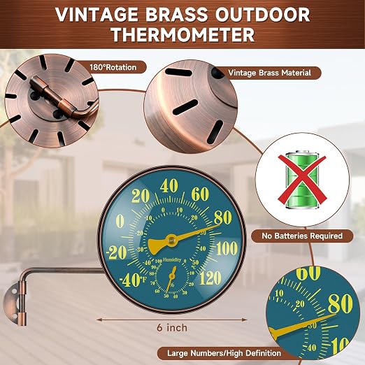 6 Inch Outdoor Thermometer Hygrometer, Large Brass Retro Patio Thermometer, Waterproof Temperature Gauge with Easy to Read Window for Home, Patio, Garden, Garage Wall Mount