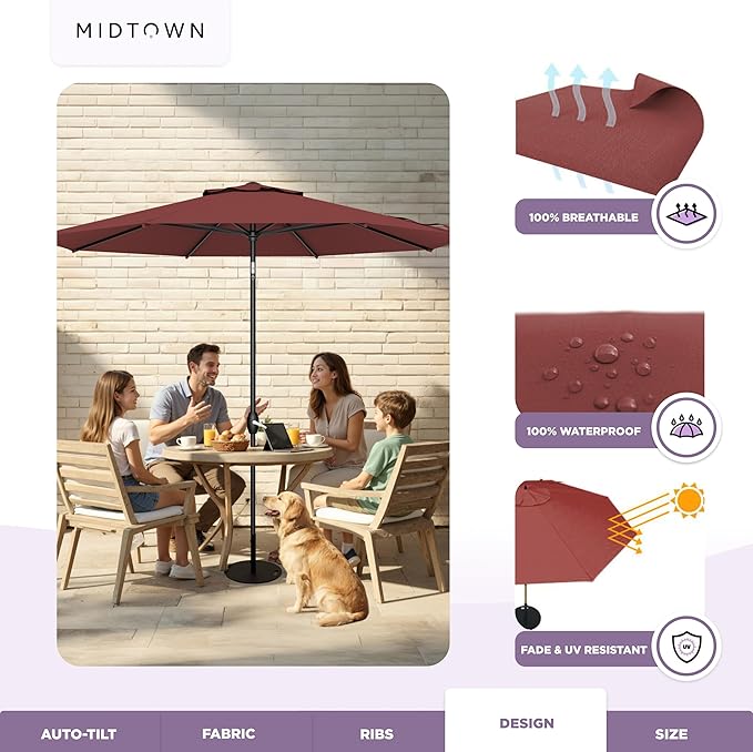 Midtown Umbrellas - 10-Year-No-Fade 10 Ft Patio Umbrella with Terylast Fabric, Auto-Tilt Aluminum Frame and 8 Reinforced Ribs for Deck, Pool, Garden & Beach - Cherry Burgundy Canopy, Black Pole