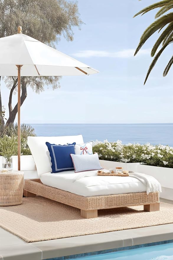 Hofdeco Premium Coastal Hampton Patio Indoor Outdoor Lumbar Pillow Cover Only, 12"x20" Water Repellent for Backyard, Couch, Poolside, Baby Blue Red Print Stripes