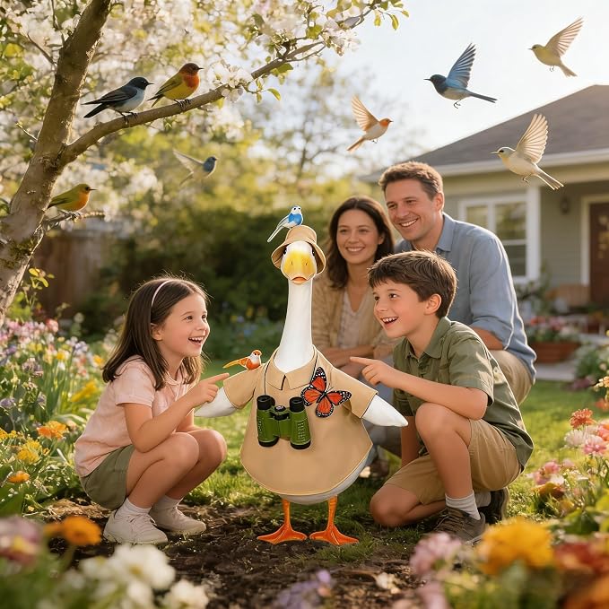Spring Porch Goose Bird Watching Outfit Set – 5-Piece Costume & Accessories for 20-23" Standard Goose Statue, Whimsical Outdoor Lawn Decoration for Garden, Patio, Yard, Gift for Bird Lovers