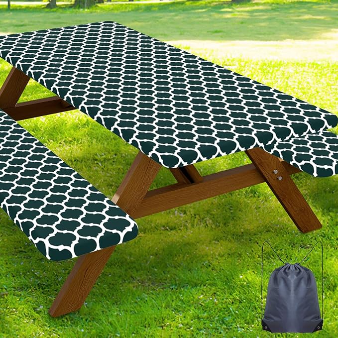 Smiry Picnic Table Cover with Bench Covers, Waterproof Elastic Fitted Tablecloth for 6 Foot Tables, Washable Polyester Tablecloths for Camping, Indoor & Outdoor (Hunter Green, 30x72 Inch 3-pc Set)