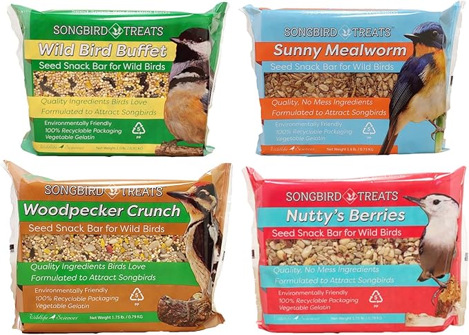 Wildlife Sciences Songbird Treats Seed Cake Variety 4 Pack | Large Seed Cakes for Wild Birds | 1.5-2 lb Each