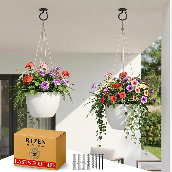 RTZEN Plant Hangers Outdoor or Indoor - Wrought Iron Metal Hanger Indoor Hook - Heavy Duty Wall Bracket Hooks for Hanging Plants Baskets Lanterns Bird Feeders - 2 Pack (Black Ceiling Hooks 3.1")