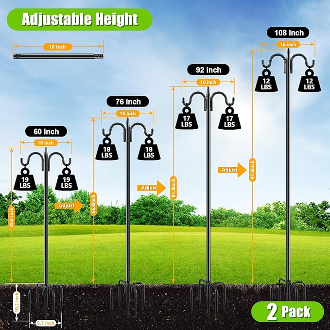 Gtongoko Bird Feeder Pole for Outdoors Heavy Duty, 2 Pack 108 Inch Double Shepherds Hook with 5-Prong Stable Base, 3/4 Inch Thick Hummingbird Feeder Stand for Hanging Plants, Lanterns
