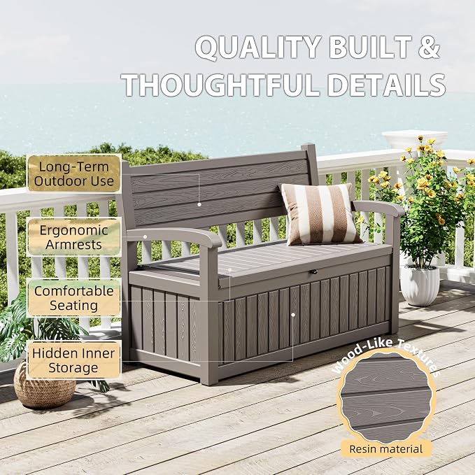 80 Gallon Lockable Deck Bench with Storage, Waterproof Outdoor Porch Bench, Resin Stripes Outdoor Storage Box for Cushions and Pool Supplies