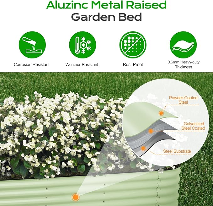 Aoodor 9-in-1 Modular Aluzinc Metal Raised Garden Bed, 89" L x 17.7" W x 17" H, Outdoor Planter Box for Vegetables, Flowers, and Herbs, Olive Green