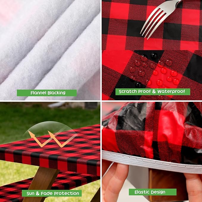 Picnic Table Cover with Bench Covers, Fitted 6ft Waterproof Tablecloth Set for Outdoor Camping & RV - Includes 1 Table Cover & 2 Bench Covers with Drawstring Storage Bag, 30"x72", Red Black Grid