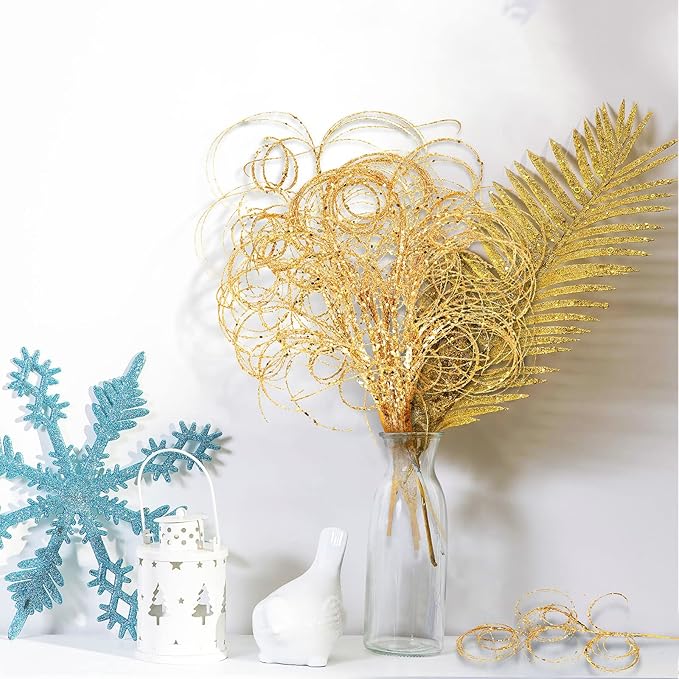 Yinder 18.5'' Glitter Curly Christmas Spray Wispy Christmas Picks Artificial Curly Twigs Branches for Vases Glitter Branches for Xmas Tree Vases Wreath Garland Banquet Decoration, 5 Pieces(Gold)