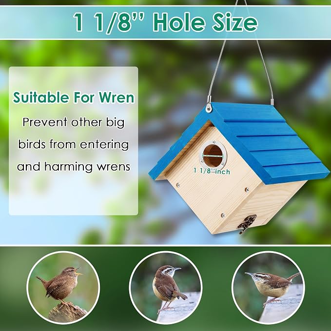 Dreyoo 2 Pack Wren House, 1-1/8'' Entrance Hole Hanging Wooden Wren Bird Houses for Outside with Metal Guard, Air Vents, Pine Wood for Chickadees (Blue,Wood Color)