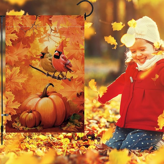 Lighted Cardinals Fall Garden Flag 12 x 18 Inch Double Sided Burlap Led Leaves Bird Garden Flag for Autumn Party Yard Outdoor Decoration