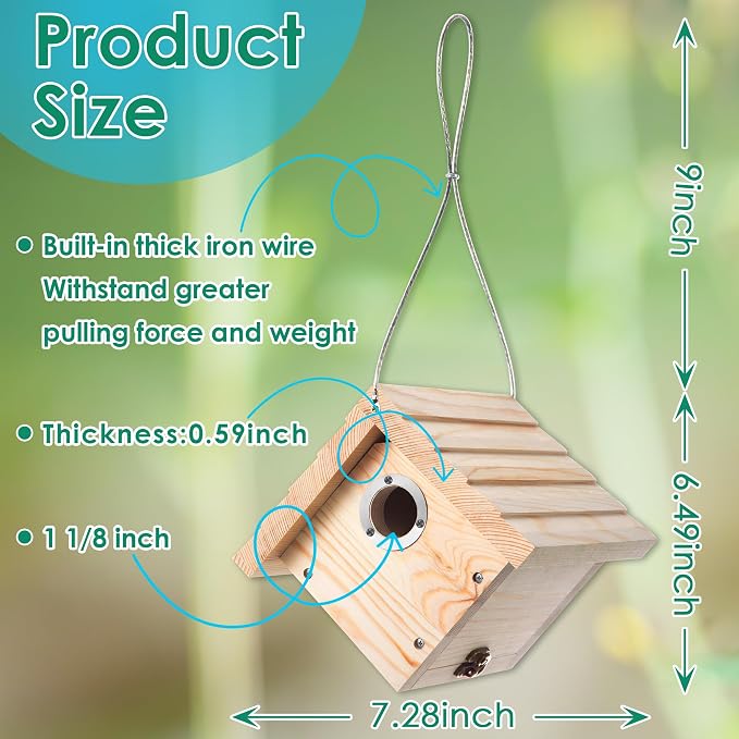 Dreyoo 4 Pack Wren House, 1-1/8'' Entrance Hole Hanging Wooden Wren Bird Houses for Outside with Metal Guard, Air Vents, Pine Wood for Chickadees (Wood)