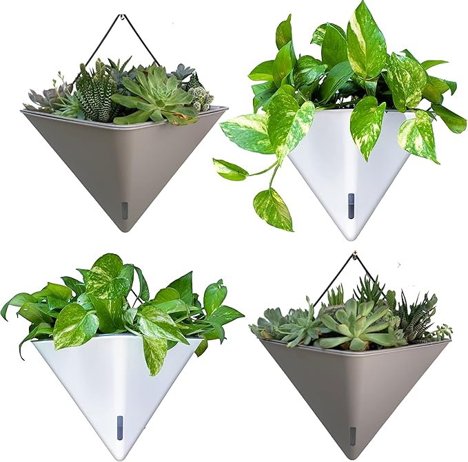 LaLaGreen Wall Planters - 4 Pack, 12 Inch Large Self Watering White and Gray Mixed Color Geometric Indoor Vertical Garden Plant Wall Hanging Flower Vase Vessel with Black Metal Hanger Modern Stylish