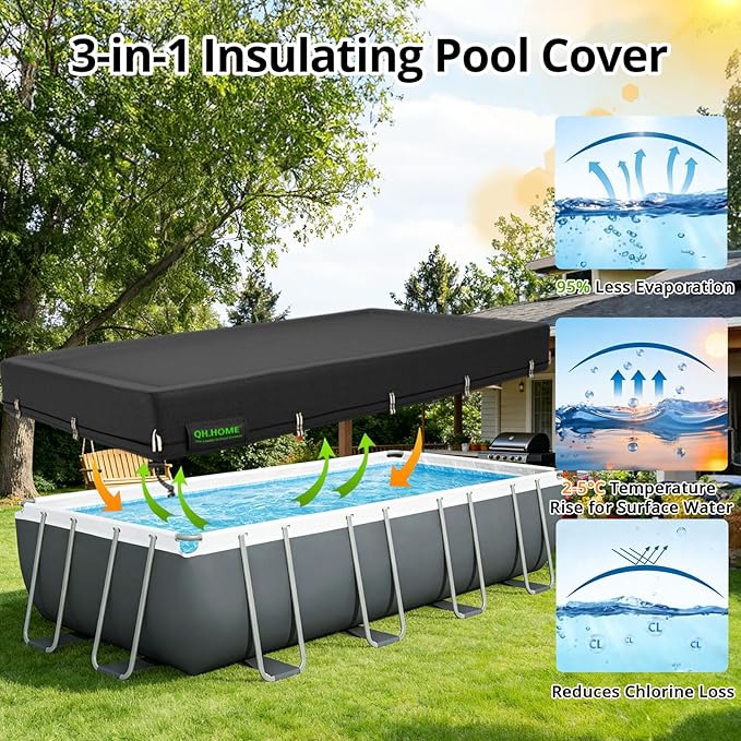 QH.HOME 550D 8x16 Ft Rectangular Pool Cover [Upgraded Tear Resistant & Quadruple Windpoof]wth Pre-Installed Winch and Rope,Pool Covers for Above Ground Pools Rectangle-Snug Fit & Waterproof Protection