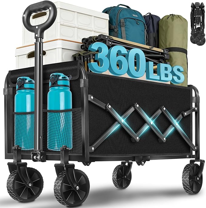Collapsible Wagon Cart with All-Terrain Wheels - Folding Utility 360LBS Heavy Duty Wagons Carts for Grocery Sports Garden Shopping Camping Fishing (Black, 120L)