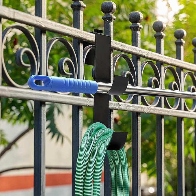 codree 4 Pcs Adjustable Pool Fence Hooks for Pool Equipment, Black Heavy Duty Fence Hooks for Pool Poles, Slipe-on Fence Hanger for Pool Hose Pool Skimmer, Fits 1.4 Inch to 3 Inch Railing