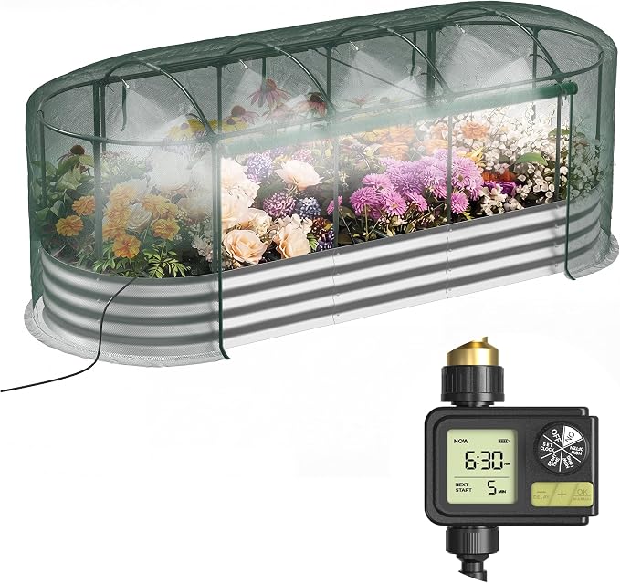Lineware Raised Garden Bed with Sprinkler Timer and Self-Watering System, 8x3x1 ft Elevated Planter Boxes Outdoor with Mesh Cover, Oval Raised Beds for,Vegetables,Flowers, Backyard, Patio