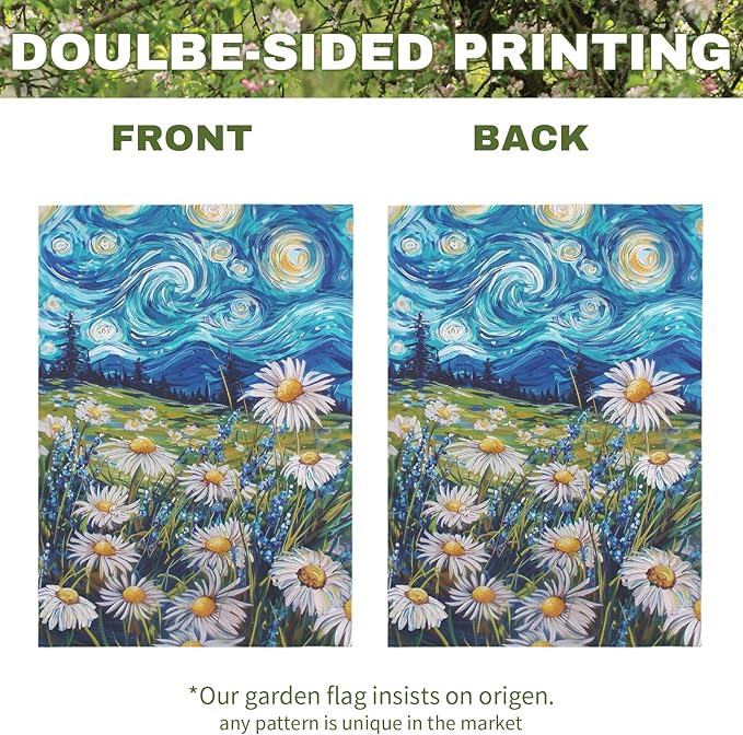 Spring Daisy Garden Flag Starry Night Van Gogh Style Yard Flags Vibrant Floral Meadow Landscape Seasonal Welcome House Banners for Summer Patio Lawn Porch Farmhouse Outdoor Decor 12x18 Inch