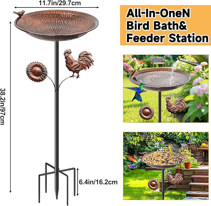 38" Metal Bird Bath for Outside, Vintage Garden Birdbath with Bird Statue, Freestanding Bird Bath Freeder with Sturdy 5 Prongs Base for Outdoors Patio Yard Lawn Decor(Vintage Brown)