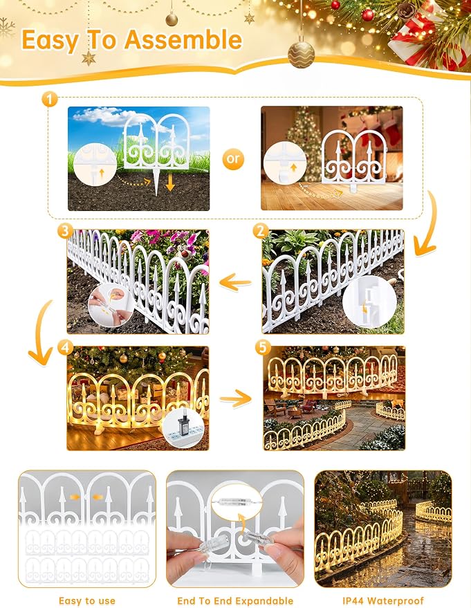 Hopolon 8 Pack Ornate Arch Fence Lights, 11.1in (H) X 9.1ft (L) Solar Powered Warm White Outdoor Garden Border Lights, Small Decorative Fence Barrier for Flower Bed Pathway Yard Lawn Patio Pet
