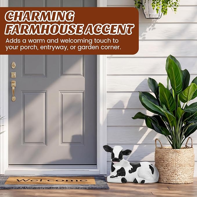 Wenqik Cow Porch Statue Small Cute Figurines for Porch, Resin Farmhouse Decor for Yard, Garden, Patio, Outdoor, Indoor
