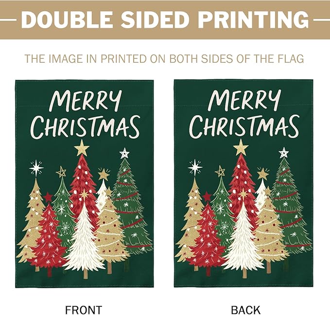 Merry Christmas Garden Flag 12x18 Inch Forest Green Xmas Tree Holiday Winter Decorative Yard Flags for Outside Double Sided Seasonal Outdoor Home Farmhouse Decoration Porch New Year Decor