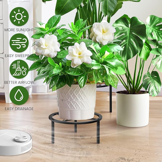 TOSKING Heavy Duty Metal Plant Stand - 9" Round Geometric Pattern, Adjustable Non-Slip Leveling Feet, Rustproof, Decorative Display Shelf for Small to Medium Plants, Indoor/Outdoor, Black (9"Dia x 5.2"H)