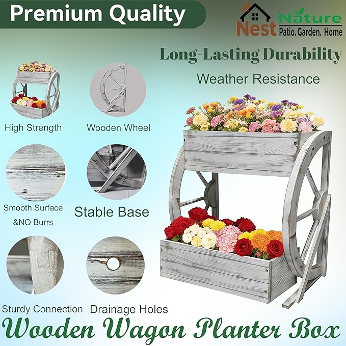 2 Tier Medium Wooden Wagon Planter Box|Outdoor Planter/Flower Pot for Indoor&Outdoor Plants-Rustic Garden Planter for Patio,Porch&Garden Decor-Raised Garden Bed for Succulents,Herbs,Vegetables