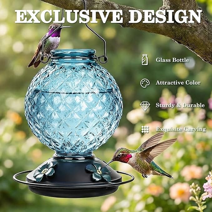 Glass Hummingbird Feeder for Outdoors Hanging, 25 OZ Humming Bird Nectar Feeder with 4 Bee Guard Feeding Ports & Built-in Ant Moat, Bird Feeder for Outside, Gifts for Women Mom, Blue