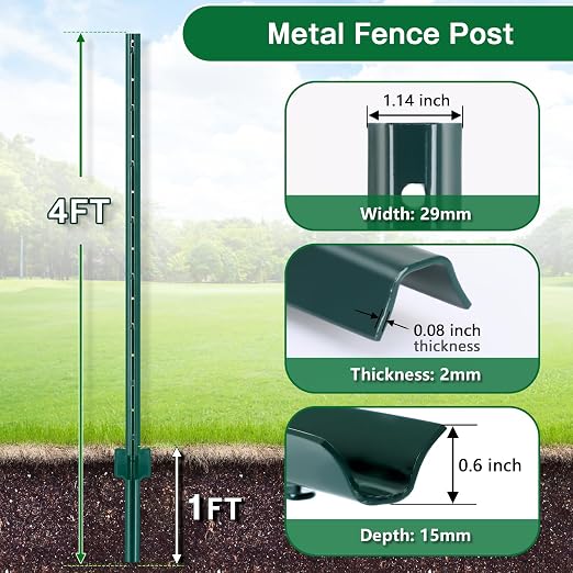 Gtongoko 10 Pack 4FT Heavy Duty Metal Fence Posts, Green U Channel No Dig Fence Stakes with Anchor Plate, 14 Gauge Steel Posts for Wire Fencing, Garden Protection, Animal Barrier, Yard & Farm Boundary