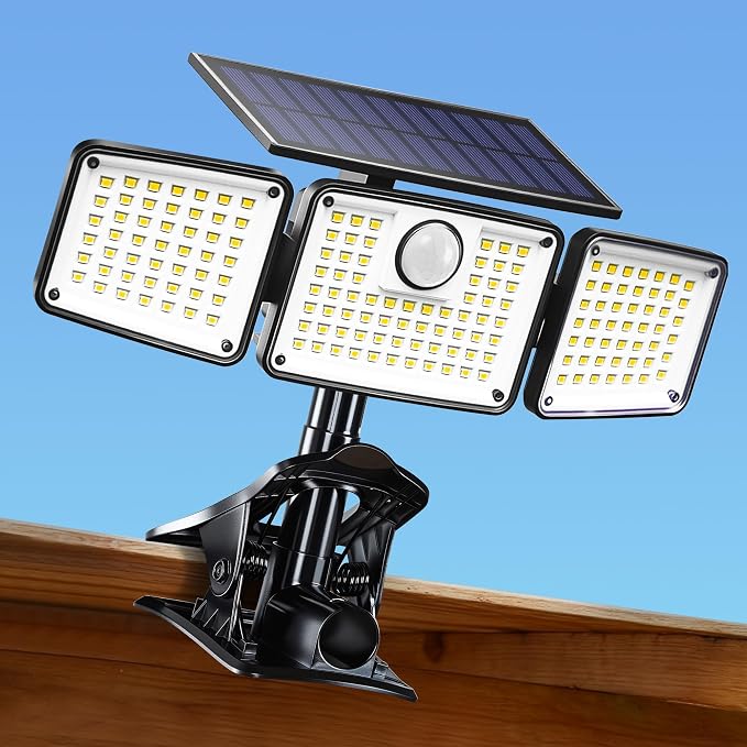 Clip on Solar Lights, 1500LM Motion Sensor Security Lights with Remote Control, 270°Wide Angle Solar Flood Light, 3 Heads High Bright Solar Lights Outdoor Waterproof for Fence Gutter Yard（1Pack）