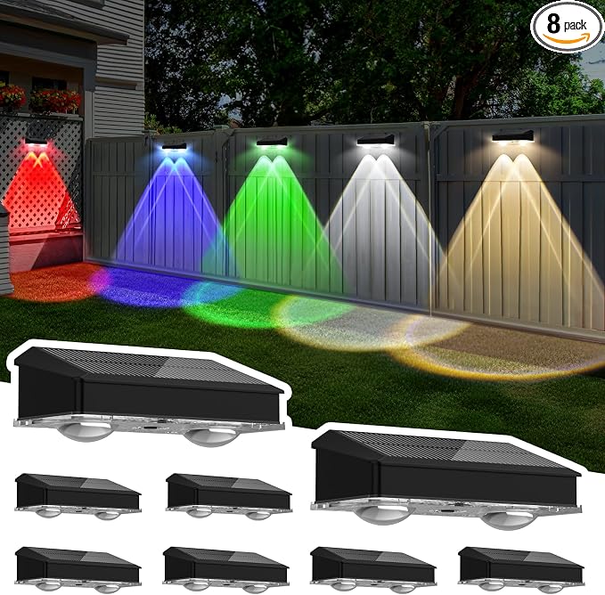Solar Fence Lights Outdoor 8 Pack, Warm White & Cool White & 6 Colored+RGB Color Changing, High Brightness LED Spot Lens Deck Lights Dusk to Dawn for Backyard Stair Railing Patio Wall, IP65 Waterproof