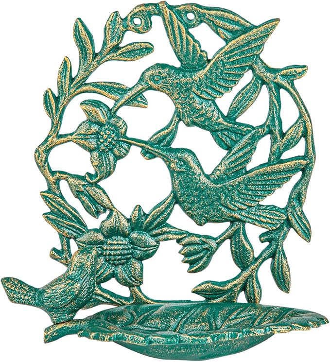 Sungmor Cast Iron Wall Mounted Bird Feeder, Cute Hummingbird Decor Small Water Bath, Wall Hanging Fence Bird Bath Feeder, Beautiful Green Birdfeeder for Garden Backyard Patio Wall Decoration