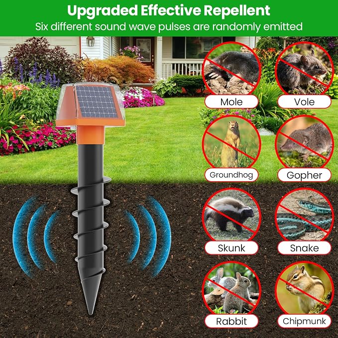 Mole Repellent Screw Solar Powered Gopher Deterrent Stake for Outdoor Lawns with Electic Vibration, Repels Snake Vole Groundhog Armadillo from Yard and Garden (2 Pack)
