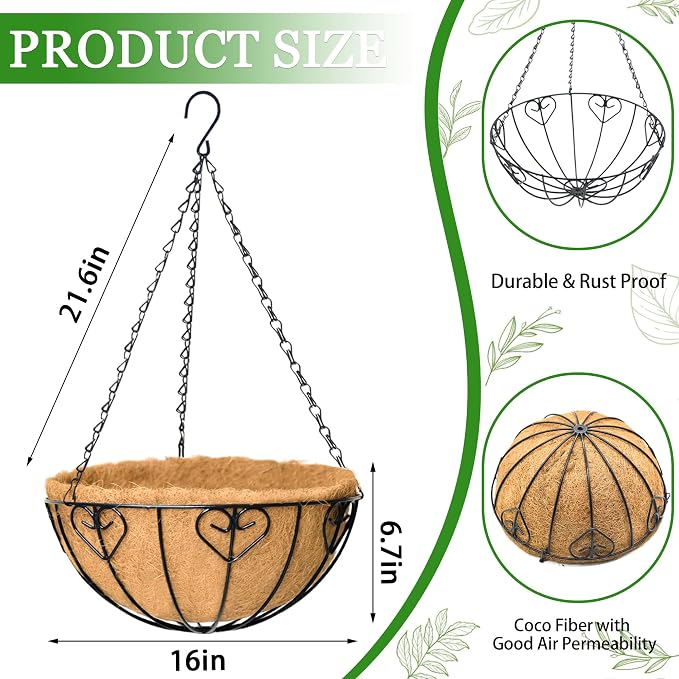Hanging Planters for Outdoor Plants 4 Pack 16 inch Metal Hanging Flower Basket with Coco Coir Liner Wire Plant Holder Watering Flower Baskets Pot Hanger Garden Decoration for Indoor Outdoor(AXL)