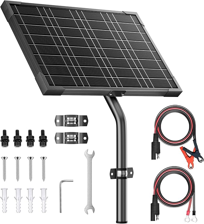 Voltset 12V Gate Opener Solar Panel：10W Solar Panels Kit for Electric Fence with Smart MPPT Controller - Waterproof Solar Battery Trickle Charger Maintainer with Tubular Bracket & SAE Cables