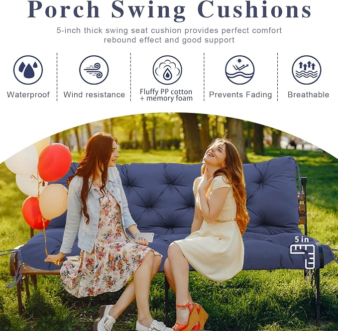 Porch Swing Cushions 60x40 Inch, 5" Extra Thick Waterproof Outdoor Swing Seat Cushion with Backrest & 8 Non-Slip Ties PP Cotton + Memory Foam Fill, Fade-Resistant 3-Seater Replacement for Patio Bench