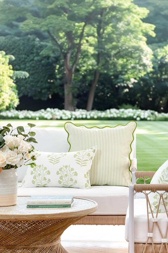 Hofdeco Premium Coastal Patio Indoor Outdoor Lumbar Pillow Cover Only, 12"x20" Water Repellent for Backyard, Couch, Green Print Floral