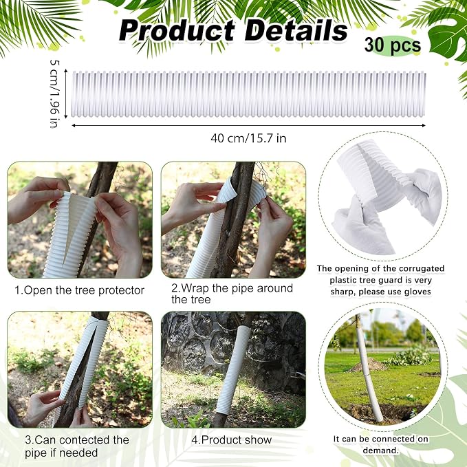 Nuenen 30 Pcs Corrugated Tree Guards, Long 15.75 Inch Diameter 1.96 Inch Pp Tree Trunk Protectors, Tree Bark Protector Tube Wraps for Saplings Plants Seedlings Deer Rabbit Cats Rodents Mowers (White)