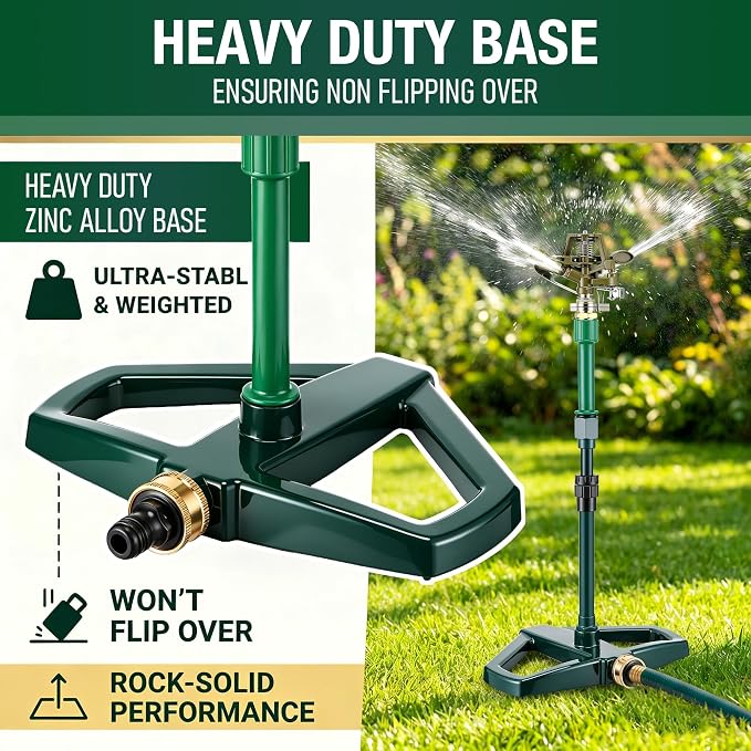 Heavy Duty Impact Pulsating Sprinkler with 16-30" Adjustable Aluminum Sprinkler Riser, All Metal Rotating Circular Impulse Lawn Sprinklers for Medium to Large Lawn Garden Area, Coverage up to 5800 Sq