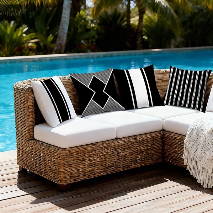 Outdoor Waterproof Throw Pillow Covers 18x18 Set of 4 Black Modern Geometry Decorative Cushion Cases for Patio Furniture Garden Porch Bench Couch Sunbrella