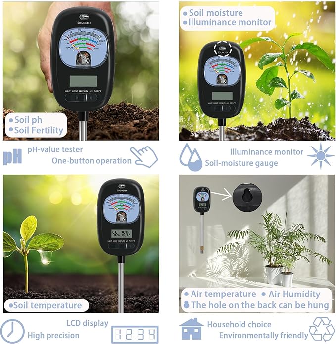 7-in-one Soil Test Kit, Soil Moisture Meter/PH Meter/Sunlight Intensity/Fertility Soil Tester, LCD Display Air & Soil Hygrometer Temperature for Hous Plants Garden, Farm, Lawn Care Moisture Meter