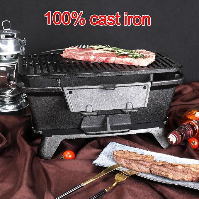 IRONMAX Large Hibachi Grill Outdoor, Portable Charcoal Grill and Tabletop Cast Iron Skillet, 100% Cast Iron, Durable, Camping Grill Grate 16.5" x 10.2" - Coal Door, Draft door