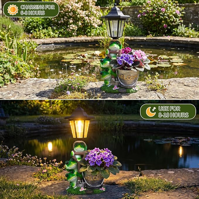 Solar Frog Garden Statue, Outdoor Decor with Flowerpot & Lantern Frog Figurine Lights for Yard Art Lawn Ornaments Porch Patio Balcony - Gifts for Housewarming Birthday