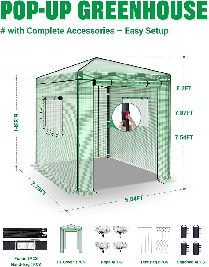 Acepic 8x6 Instant Pop up Greenhouses, Indoor Outdoor Portable Greenhouse Walk-in, Small Green House for All Season with Roll-Up Zipper Doors and Side Windows, 4 Sandbags, Pe Cover, Green/Clear