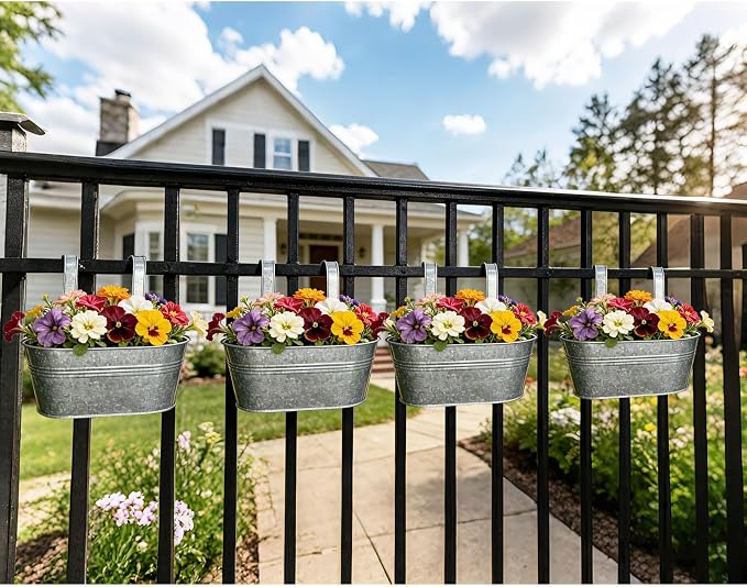 Balcony Galvanized Hanging Planters Railing Flower Pots, Outdoor Metal Fence Planter Pot with Detachable Hooks Drain Hole for Garden Patio Yard Decor (12 Inch, 2Pcs)