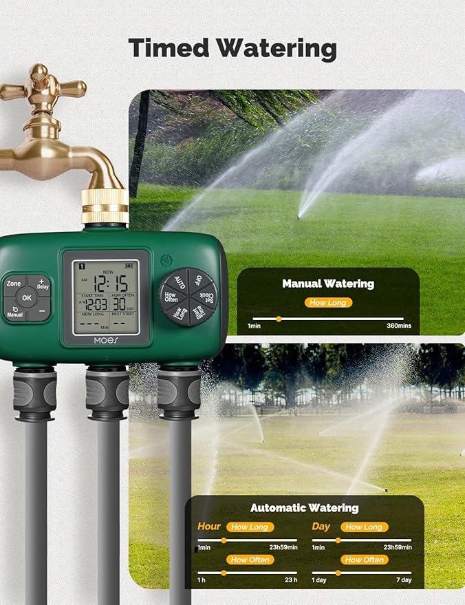 MOES 3 Outlet Sprinkler Timer, Brass Inlet, Programmable Automatic Irrigation Controller, Rain Delay, Manual Watering, 3 Zone Water Hose Timer for Gardens, Lawns