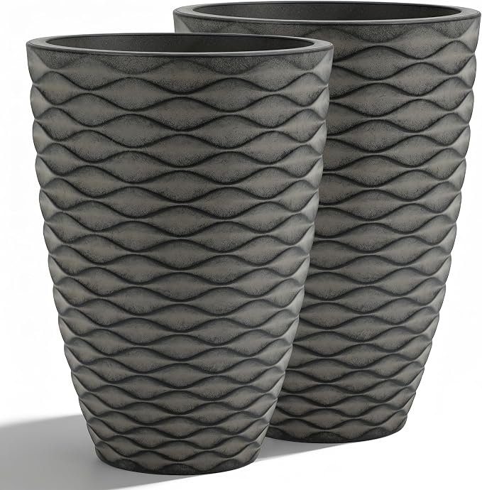 19" H Coastal Planter for Indoor/Outdoor Plants, Set of 2 Large Flower Pot with Drainage Hole, Weather-Resistant Resin Planters for Garden Patio Porch Home Office Decor, Rustic Black Wavy
