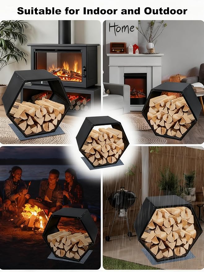 Firewood Log Rack, Heavy-Duty Steel Firewood Rack Outdoor with Hexagon Design, Fire Log Holder for Wood Storage, Wood Holder for Indoor and Outdoor- Black